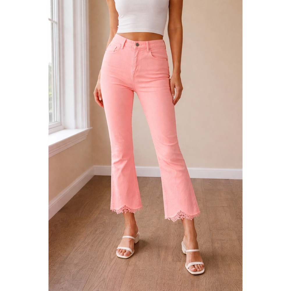 J Brand Selena Mid-Rise Crop Boot Pink Lace Hem Jeans Coronal Spring Size 28 NWT